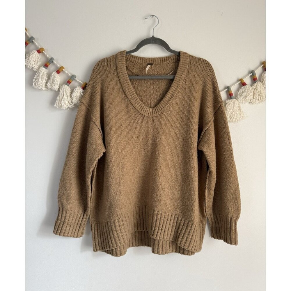 Free People Brookside Camel Brown Knit Slouchy Pullover Sweater Neutral Oversize